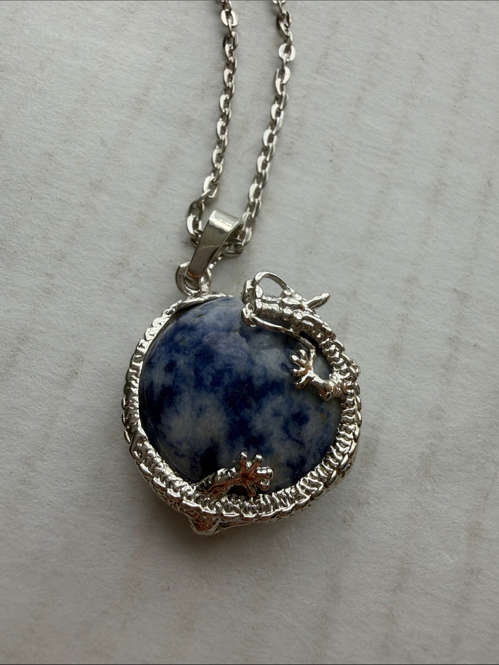 Sodalite Dragon Pendant, NWT, 3.4cmx2.3cm (1 3/8" x 7/8") White & Blue Stone